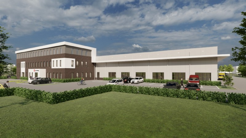 Impressie van het nieuwe pand A.P. van den Berg: de productie bevindt zich op de voorzijde en het kantorenpand op de achterzijde van het bouwterrein.